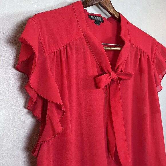 Rouge Collection Women’s Size 3X Red Blouse Short Flutter Sleeves Tie Front - Picture 2 of 9